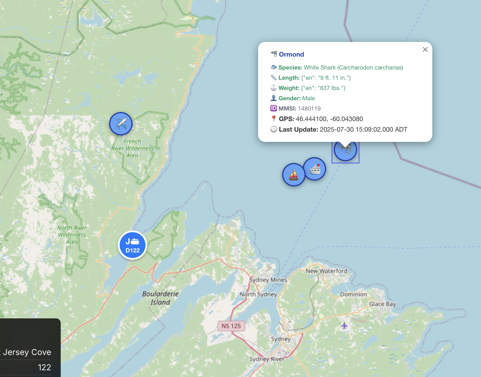 Multi-Vessel Area Mapping - Use full screen to see all boats, aircraft, and sea animals in the Cape Breton area FerryLight Multi-Vessel Area Mapping showing ships, aircraft, and sea animals including sharks on the expanded map view